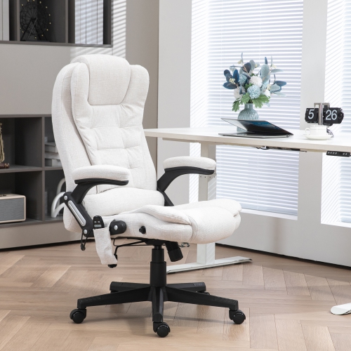 Vinsetto – Fauteuil de bureau de massage avec vibration 6 points, fauteuil de direction inclinable en lin, dossier haut, roulettes pivotantes, blanc