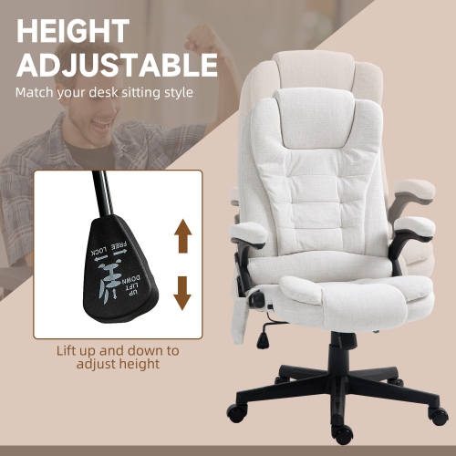 Vinsetto – Fauteuil de bureau de massage avec vibration 6 points, fauteuil de direction inclinable en lin, dossier haut, roulettes pivotantes, blanc