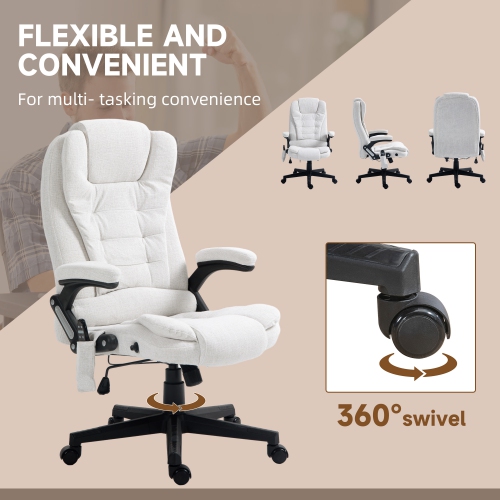 Vinsetto – Fauteuil de bureau de massage avec vibration 6 points, fauteuil de direction inclinable en lin, dossier haut, roulettes pivotantes, blanc
