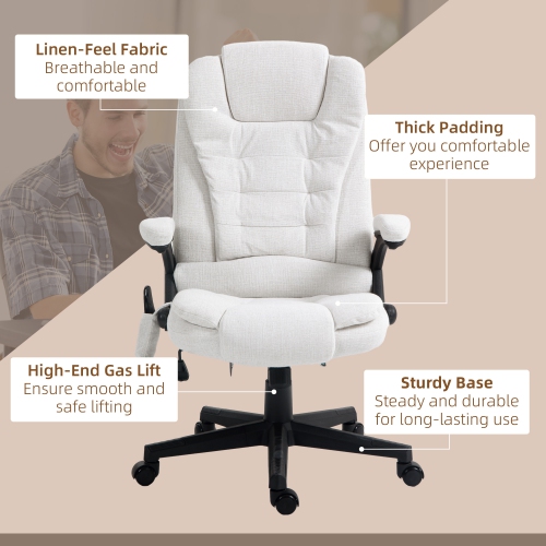 Vinsetto – Fauteuil de bureau de massage avec vibration 6 points, fauteuil de direction inclinable en lin, dossier haut, roulettes pivotantes, blanc