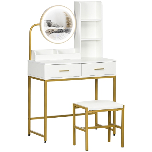 HOMCOM  Vanity Set With Lighted Mirror And Stool, Makeup Vanity Desk With Drawers And Shelves, Led Lights, Modern Dressing Table for Bedroom In White