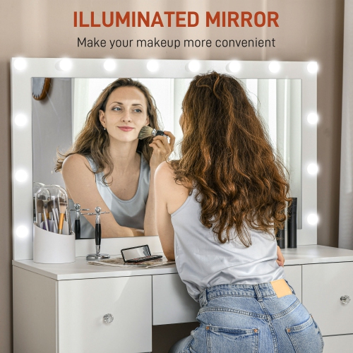 HOMCOM Makeup Vanity Desk with Mirror and Lights, Modern Dressing Table with Lighted Large Mirror, 7 Drawers and 14 LED Lights for Bedroom, White