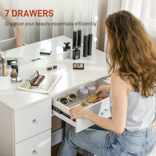 HOMCOM Makeup Vanity Desk with Mirror and Lights, Modern Dressing Table with Lighted Large Mirror, 7 Drawers and 14 LED Lights for Bedroom, White