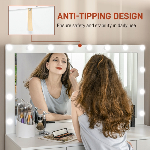 HOMCOM Makeup Vanity Desk with Mirror and Lights, Modern Dressing Table with Lighted Large Mirror, 7 Drawers and 14 LED Lights for Bedroom, White