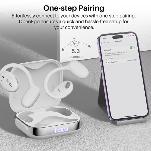 &nbsp;Écouteurs bouton sans fil autonomes Bluetooth ouverts OpenEgo de TOZO, affichage numérique,deux microphones, appel clair pour la course, blanc
