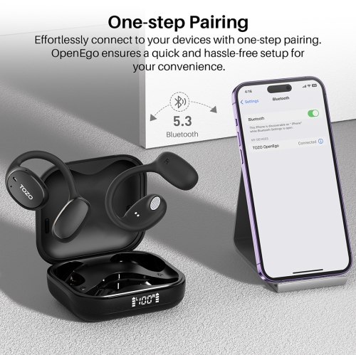 &nbsp;Écouteurs bouton sans fil autonomes Bluetooth ouverts OpenEgo de TOZO, affichage numérique,deux microphones, appel clair pour la course - Noir