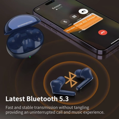 Monster N-Lite 203 AirLinks Wireless Earbuds, Bluetooth 5.3 Headphones with HiFi Stereo, Crystal Clear Calls, 30H Playback, Type-C Charging, Touch