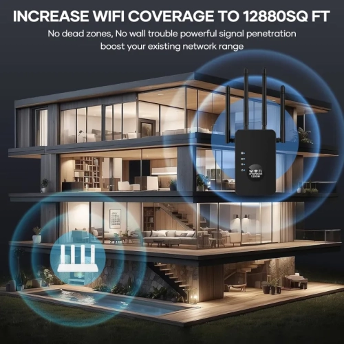 WiFi Booster 1200Mbps, Dual Band WiFi Range Extender for Large Home Office, Supports Multiple Devices (Black)