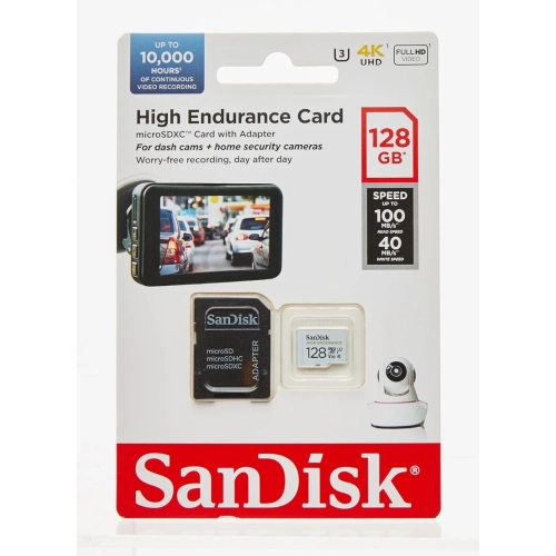 The SanDisk 128GB High Endurance Video microSDXC Card is built to withstand up to 20,000 hours of continuous recording, making it ideal for dash cams