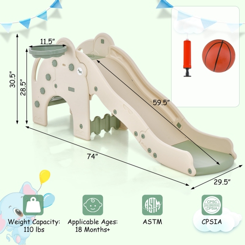Costway 3-in-1 Toddler Slide with Buffer Zone Basketball Hoop & Ball Elephant Design