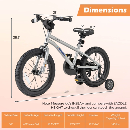 Costway 16-Inch Kid's Bike for 4-7 Years Old with Adjustable Saddle & Anti-slip Handlebar