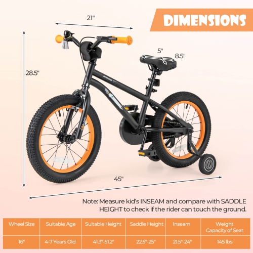 Costway 16-Inch Kid's Bike for 4-7 Years Old with Adjustable Saddle & Anti-slip Handlebar