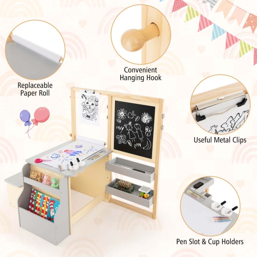 Costway Kids Art Center Wooden Table Bench Set Adjustable Double-Sided Easel Storage