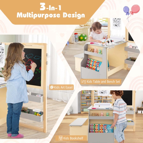 Costway Kids Art Center Wooden Table Bench Set Adjustable Double-Sided Easel Storage