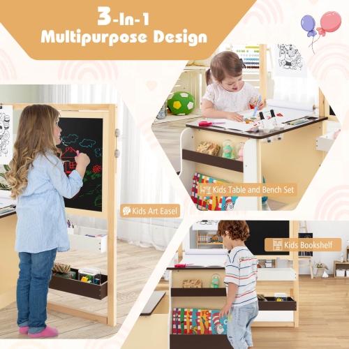 Costway Kids Art Center Wooden Table Bench Set Adjustable Double-Sided Easel Storage