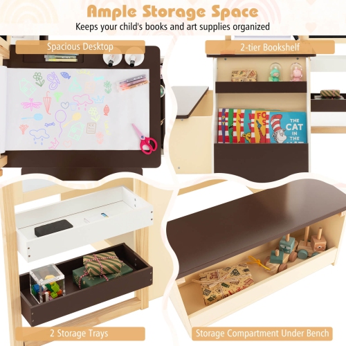 Costway Kids Art Center Wooden Table Bench Set Adjustable Double-Sided Easel Storage