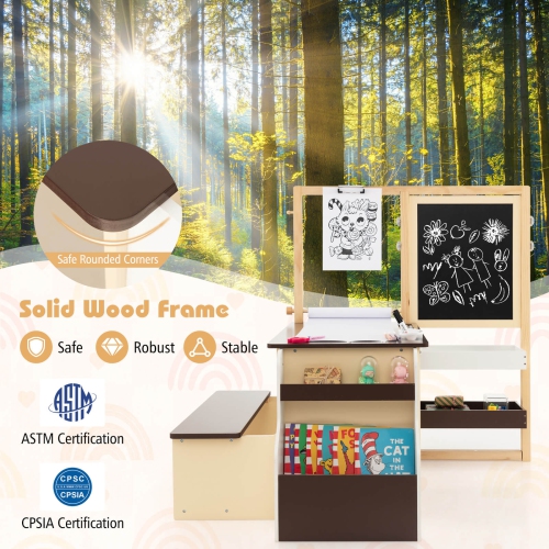 Costway Kids Art Center Wooden Table Bench Set Adjustable Double-Sided Easel Storage