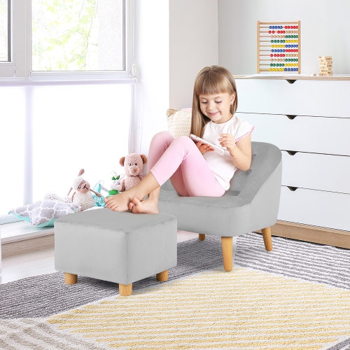 Costway Kids Sofa Chair w/ Ottoman Toddler Single Sofa Velvet Upholstered Couch