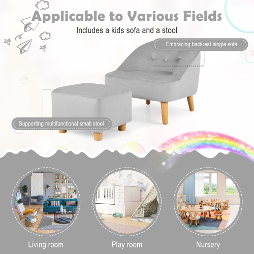 Costway Kids Sofa Chair w/ Ottoman Toddler Single Sofa Velvet Upholstered Couch