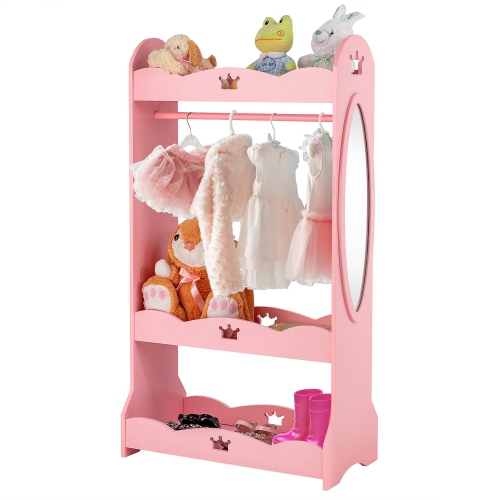 COSTWAY  Kids Dress Up Storage Hanging Armoire Dresser Pretend Costume Closet W/ Mirror