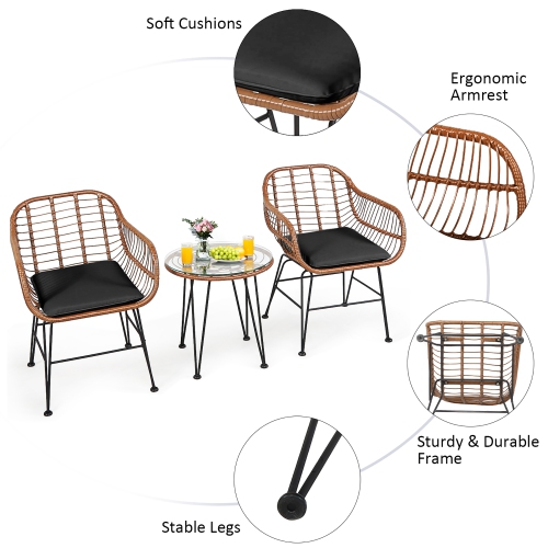 Costway 3PCS Patio Rattan Bistro Set Coffee Table Armchair Garden w/Cushion