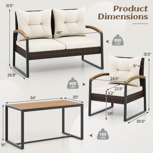 Ensemble patio 4 pièces avec table basse et accoudoirs en bois d'acacia massif de Costway
