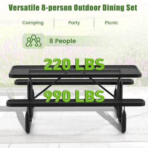 Costway 72" Coated Steel Camping Table with Seats Outdoor Picnic Table & Bench Set for 8