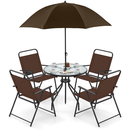 Costway Patiojoy 6 PCS Patio Dining Set Folding Chairs Glass Table Tilt Umbrella Garden
