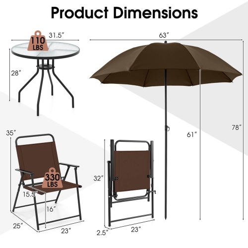 Costway Patiojoy 6 PCS Patio Dining Set Folding Chairs Glass Table Tilt Umbrella Garden