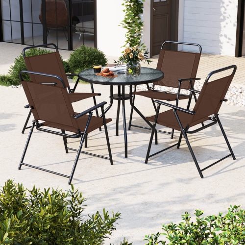 Costway Patiojoy 6 PCS Patio Dining Set Folding Chairs Glass Table Tilt Umbrella Garden