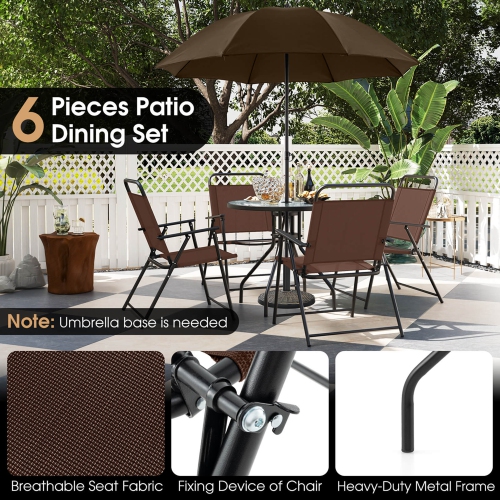 Costway Patiojoy 6 PCS Patio Dining Set Folding Chairs Glass Table Tilt Umbrella Garden
