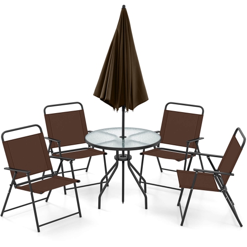 Costway Patiojoy 6 PCS Patio Dining Set Folding Chairs Glass Table Tilt Umbrella Garden