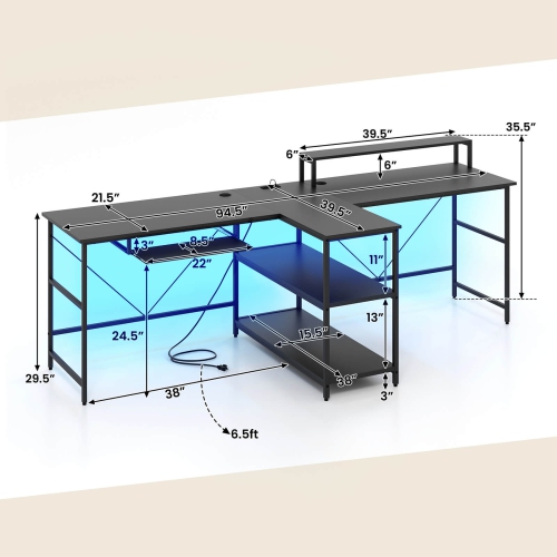 Costway 94.5" Long Office Desk 2-Person Reversible Computer Desk with LED Lights