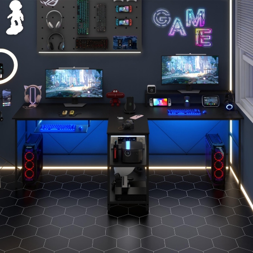 Costway 94.5" Long Office Desk 2-Person Reversible Computer Desk with LED Lights