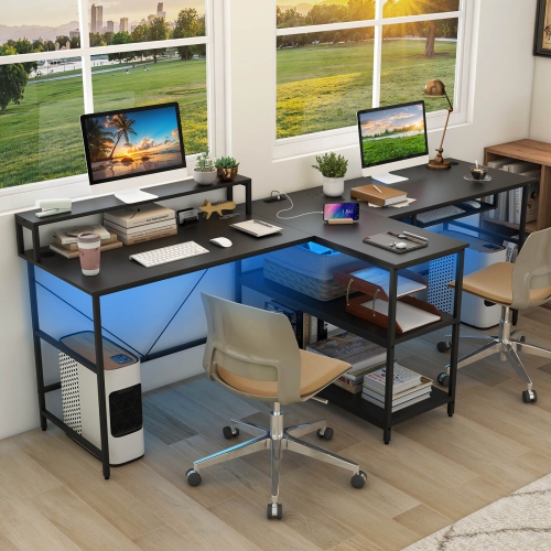 Costway 94.5" Long Office Desk 2-Person Reversible Computer Desk with LED Lights