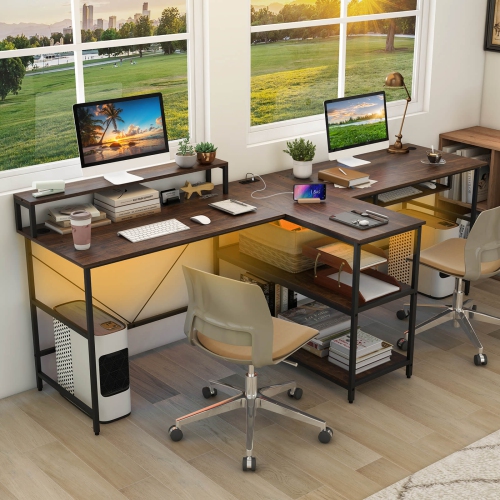 Costway 94.5" Long Office Desk 2-Person Reversible Computer Desk with LED Lights