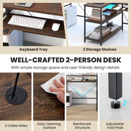 Costway 94.5" Long Office Desk 2-Person Reversible Computer Desk with LED Lights