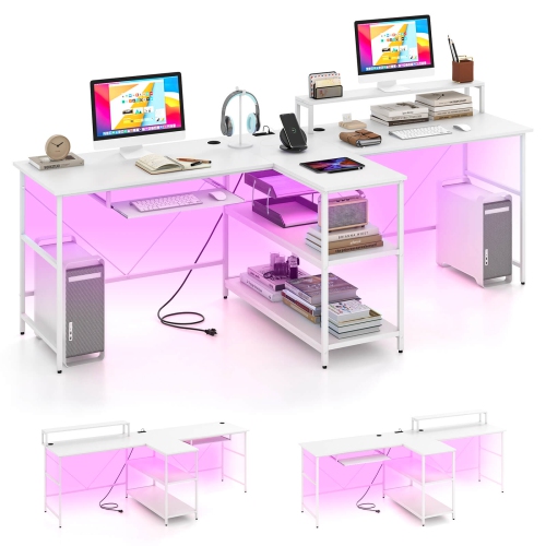 Costway 94.5" Long Office Desk 2-Person Reversible Computer Desk with LED Lights