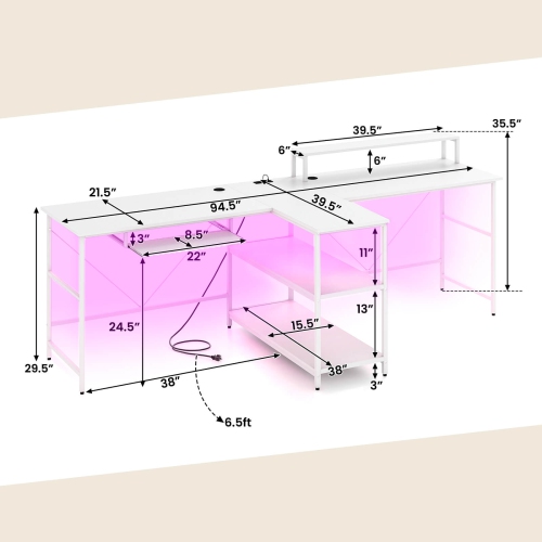 Costway 94.5" Long Office Desk 2-Person Reversible Computer Desk with LED Lights