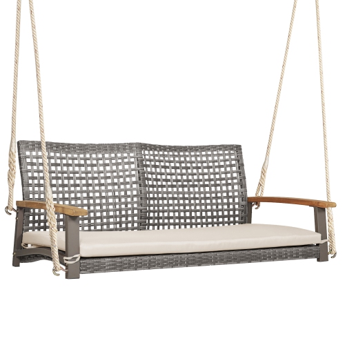 COSTWAY  2-Person Patio Wicker Hanging Swing Chair Loveseat Cushion Porch