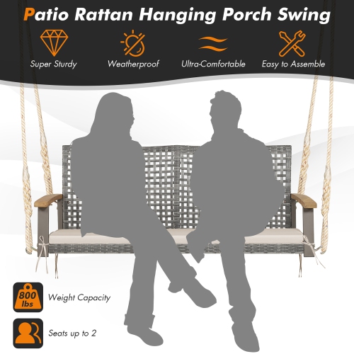 Costway 2-Person Patio Wicker Hanging Swing Chair Loveseat Cushion Porch