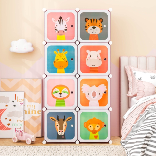 Costway 8-Cube Kids Wardrobe Baby Dresser Bedroom Armoire Clothes Hanging Closet with Doors