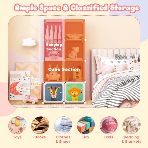 Costway 8-Cube Kids Wardrobe Baby Dresser Bedroom Armoire Clothes Hanging Closet with Doors