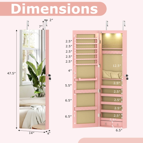 Costway Mirrored Wall & Door Mounted Jewelry Cabinet Storage Organizer with Lights & Drawer
