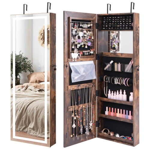 COSTWAY  Door Wall Mount Touch Screen Led Mirrored Jewelry Cabinet Storage