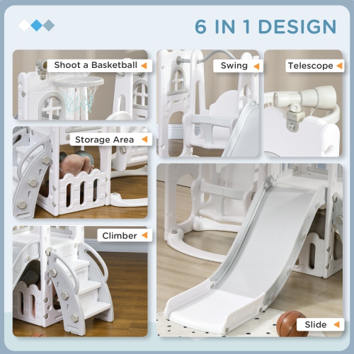 Qaba 6-in-1 Kids Slide and Swing Set with Telescope, Basketball Hoop, Climber, Baby Toddler Swing Set Indoor Playground with Storage Space, for Aged