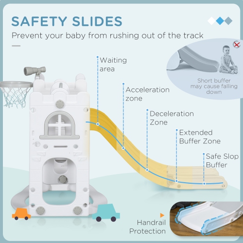 Qaba 6-in-1 Kids Slide and Swing Set with Telescope, Basketball Hoop, Climber, Baby Toddler Swing Set Indoor Playground with Storage Space, for Aged