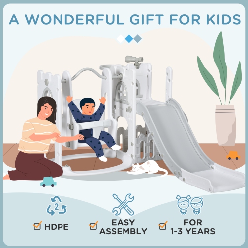 Qaba 6-in-1 Kids Slide and Swing Set with Telescope, Basketball Hoop, Climber, Baby Toddler Swing Set Indoor Playground with Storage Space, for Aged