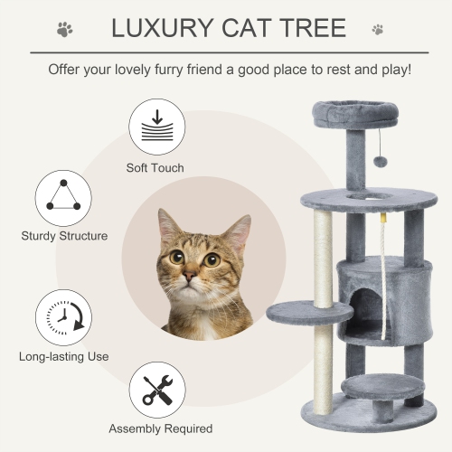 PawHut Cat Tree for Indoor Cats, 44 Inches Multi-Level Cat Tower, Climbing Activity Center with Jute Scratching Post, Perch, Hanging Ball Toy,