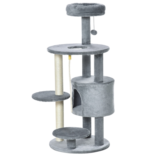 PawHut Cat Tree for Indoor Cats, 44 Inches Multi-Level Cat Tower, Climbing Activity Center with Jute Scratching Post, Perch, Hanging Ball Toy,